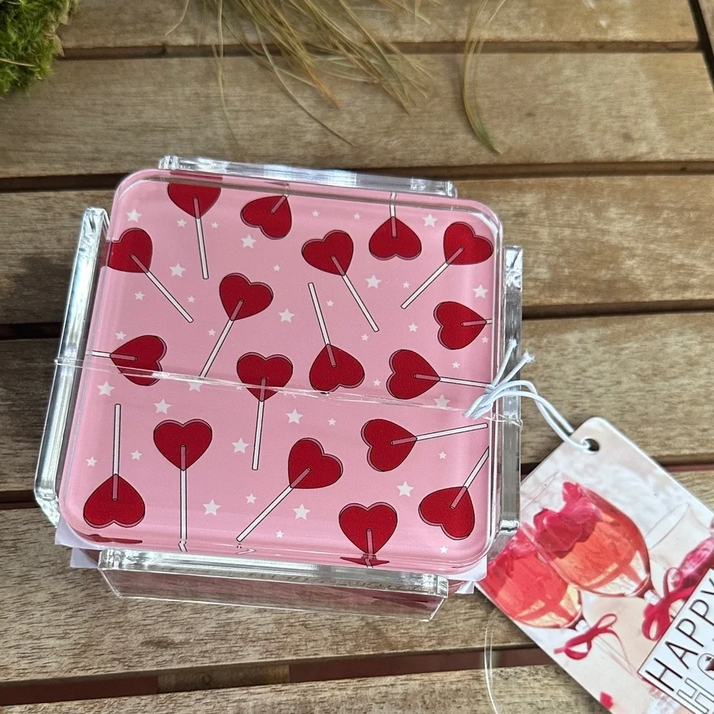 Valentine’s heart lollipop set of 4 coasters with holder